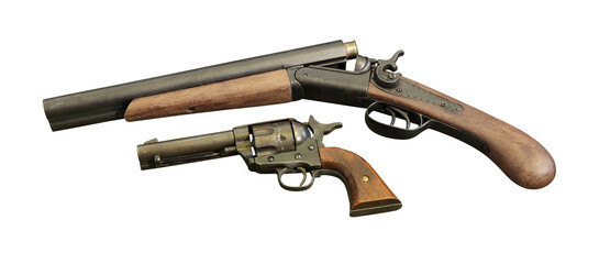 sawn off shotgun and revolver , old west guns isolated on transparent background