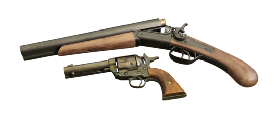 sawn off shotgun and revolver , old west guns isolated on transparent background