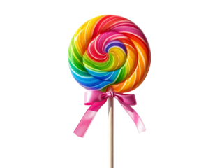  Vibrant rainbow swirl lollipop with pink ribbon and shadows. 