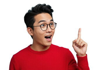 Young asian man wearing glasses and a red sweater, pointing his finger up with an excited expression, isolated on transparent background