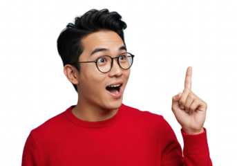 Young asian man wearing glasses and a red sweater, pointing his finger up with an excited expression, isolated on transparent background