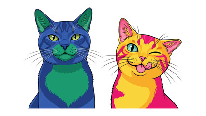 Playful Cats: A vibrant duo of cartoon cats brings a burst of color and personality, with one playfully sticking out its tongue and winking, each featuring unique markings and expressive eyes. 