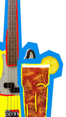 Surreal pop art collage of bass guitar and long island iced tea cocktail. Concept of nightlife, bar culture, music festivals, beverage branding, creative industries.