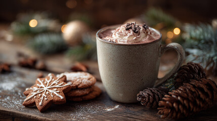 Christmas cookies and hot cocoa cup on wooden table cozy holiday mood