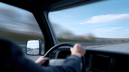 Driver advice helps maintain focus and safety while driving fast on open highway under clear blue sky