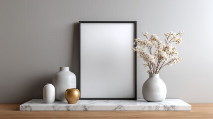 Minimalist Frame Elegance: A blank picture frame poised upon a marble shelf, adorned with minimalist vases and dried flowers, representing a serene space and aesthetic charm.