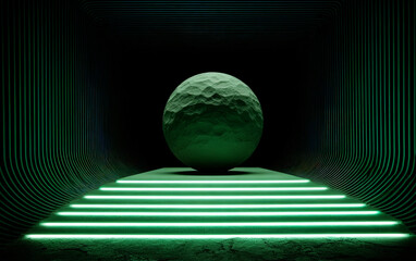 Green spherical object in a futuristic tunnel with glowing green lights