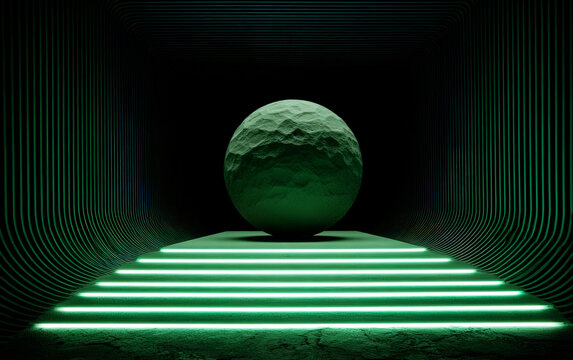 Green spherical object in a futuristic tunnel with glowing green lights