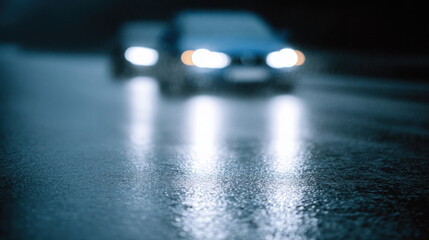 Car driver advice for safe night driving on wet road with headlights reflecting on surface creating cautious mood