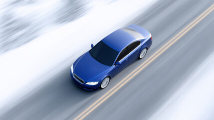 Blue car driving on snowy road with advice for driver to stay safe in winter conditions