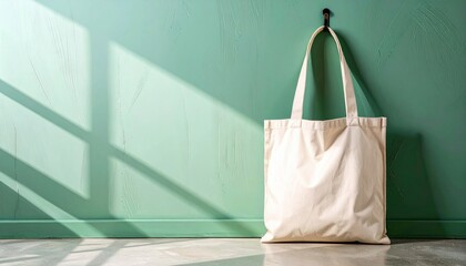 Beige Tote Bag on Mint Green Wall with Sunlight