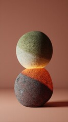 Two textured spheres, one atop the other, are illuminated in a soft, warm light, creating a serene and balanced composition against a neutral background.