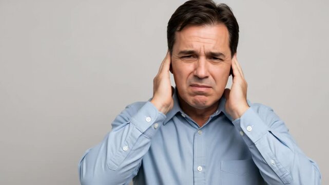 Man suffering from severe headache or migraine, experiencing pain and distress, holding head in tension, health crisis footage.