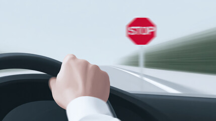 Driver hand on steering wheel with advice to stop safely on road with blurred background and clear stop sign