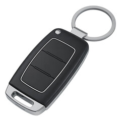 Modern black car key fob with three buttons and metal key ring on transparent background