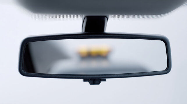 Car rearview mirror reflects taxi vehicle outside offering driver advice for safe and careful driving on road