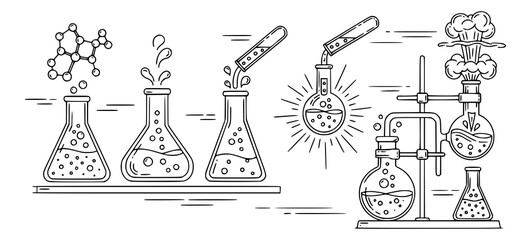 Chemical reactions. Set of science and chemistry linear icons. Vector illustration. Transparent PNG version.