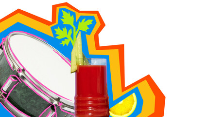 Surreal collage art. Bloody Mary cocktail with cucumber stick on drum pop art background. Concept of vibrant nightlife, jazz energy, mixology, music festivals, poster design.
