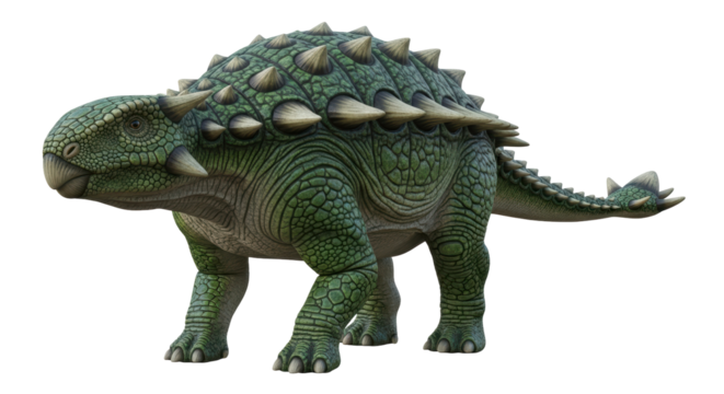Isolated Armored Dinosaur Walking Steadily Depicted in Vivid Green Texture without Background