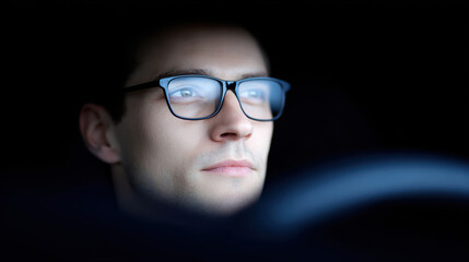 Young driver wearing glasses focused on night driving advice for safe and confident road experience with calm expression