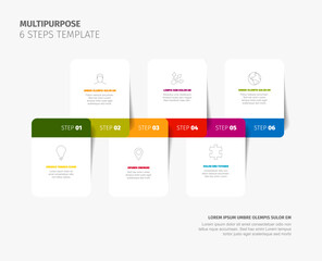 A clear, multipurpose 6 steps template infographic design with six distinct steps, icons, and text boxes. This 6 steps template is great for process visualization and business presentations.