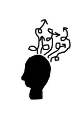 Silhouette of a head with arrows pointing out, isolated on white background