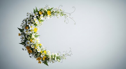Crescent Moon Shape Floral Wreath with White and Yellow Daisies Keywords: floral wreath, crescent moon
