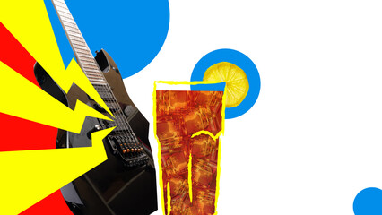 Bright pop art collage with Long Island Iced Tea with electric guitar. Concept of nightlife, cocktails and live music for creative industries and marketing visuals.