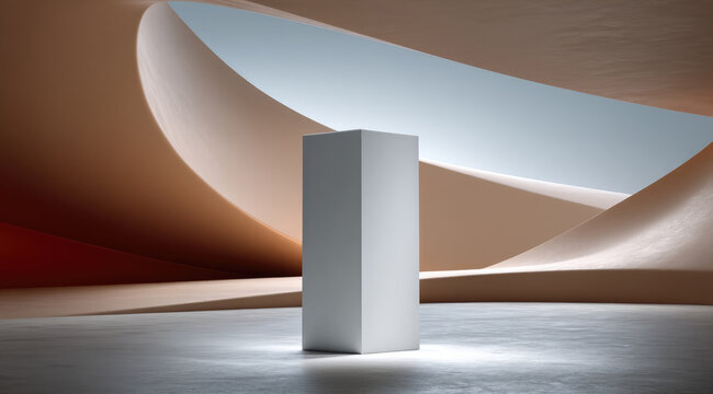 White rectangular monolith stands in modern abstract architecture, soft curves and natural light create serene atmosphere