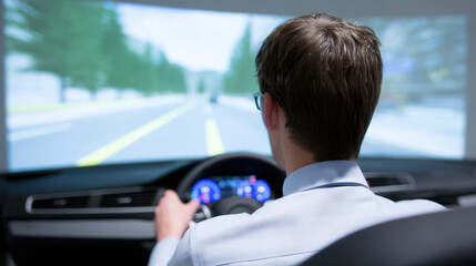 Man driving car simulator for driver training and advice on safe driving skills in modern virtual environment