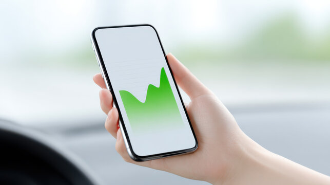 Smartphone with green graph on screen held by hand inside car showing driver advice for safe travel