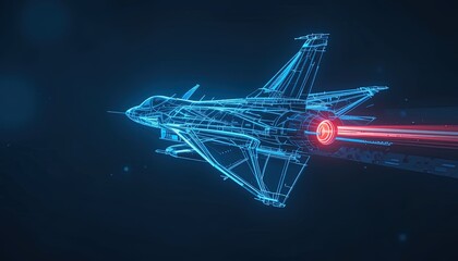 Futuristic fighter jet blueprint with glowing engine trails soars through the night, ready for action