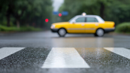 Fototapeta premium Yellow taxi car on wet road with pedestrian crossing in rainy weather offers driver advice for safe travel