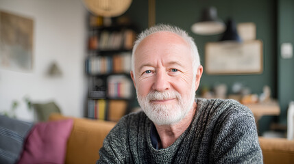 Smiling senior man in gray sweater seated indoors with bookshelves and muted decor in the background