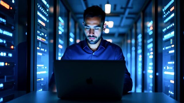 Focused professional analyzing data on a laptop in a dimly lit server room with glowing equipment - Powered by Adobe