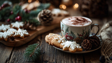 Christmas cookies and hot cocoa cup on wooden table cozy holiday mood