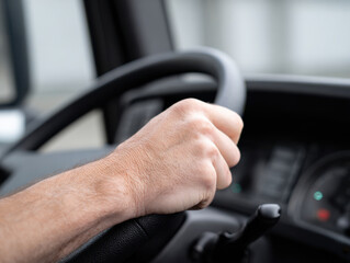 Naklejka premium Driver hand on steering wheel advice for safe driving and control on road with focus on grip and comfort