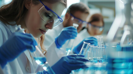 Young scientists making test or research in lab. Science, chemistry, technology, biology and people concept - young scientists shaking glass with reagent and making test or research in clinical labora