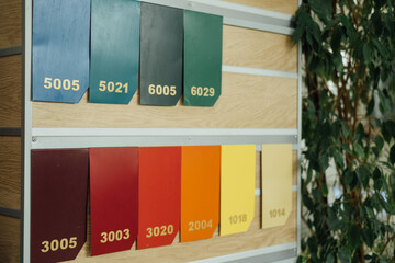 A set of color sample cards. The colors of different products.