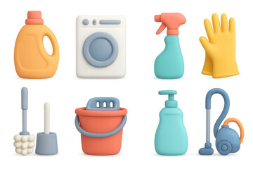 Fototapeta premium Soft 3d household cleaning icons with vibrant colors and smooth edges