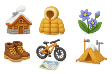 Cozy winter adventure icons featuring camping, biking, and nature elements with warm clothes
