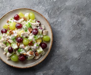 Waldorf salad. American fruit and nut salad with apples, celery, grapes, chicken meat, dressed mayonnaise.