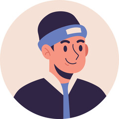 Cartoon Man with Beanie and Jacket Smiling Portrait Illustration.