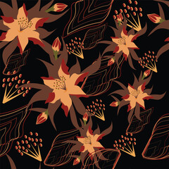 Print Autumn floral pattern stylized leaves fall foliage with vibrant leaves seasonal themed background illustration  wrapping paper, textiles, fabric, card, backgrounds, seasonal products, stroy,