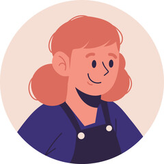 Smiling Cartoon Woman with Red Hair Blue Shirt and Apron.