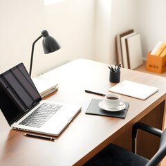 Organized workspace with laptop, coffee, and stationery on a wooden desk.