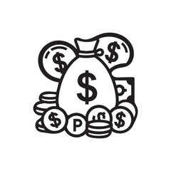 A black outline vector illustration of a money bag with a dollar sign on a white background. 
