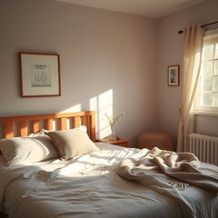 Sunlit bedroom with a wooden bed, neutral linens, and soft natural light streaming through a window.