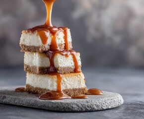 Cheesecake with caramel on gray cement background