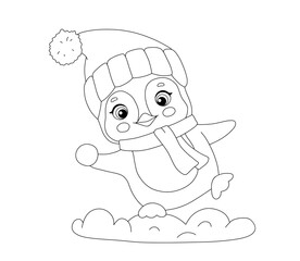 Cute baby penguin playing snowballs in snow, animal in hat and scarf, winter activity, online illustration for coloring page
